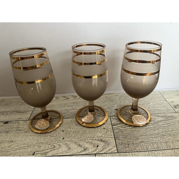 Vintage Bohemia Smoke Gray Frosted Gold Band Cordial Glasses Set of 6 Czech - Picture 5 of 7